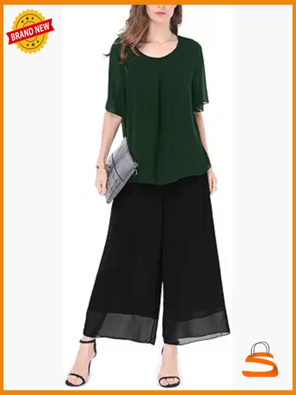 Women's 2 Piece Chiffon Pantsuit Set Flowy Double Layer Blouse Wide Leg Pants